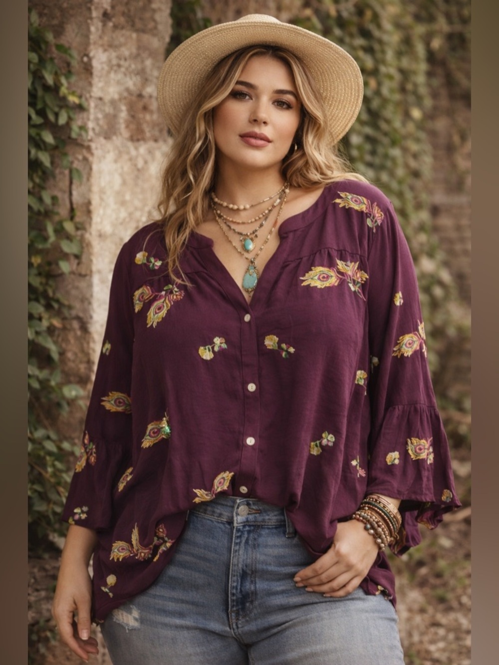 Fig & Flower Anthropologie Embroidered Boho Blouse 2X Purple Tunic Top Peacock